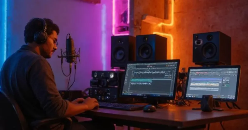 Top 10 music studios in Jaipur showcasing a modern recording studio with producer, microphone, and professional audio setup